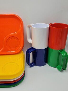 10 Ingrid Snack Plastic Square Plates Mugs Cups Red Yellow Green White Orange